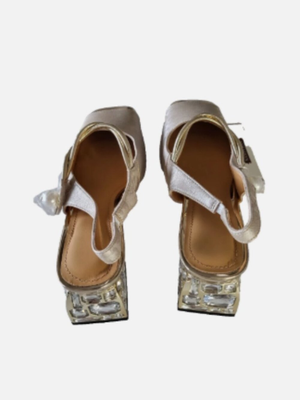 Women’s Ivory/Gold Floral Slingback Block Heels Square Toe Rhinestone US 7.5M - Picture 4 of 13